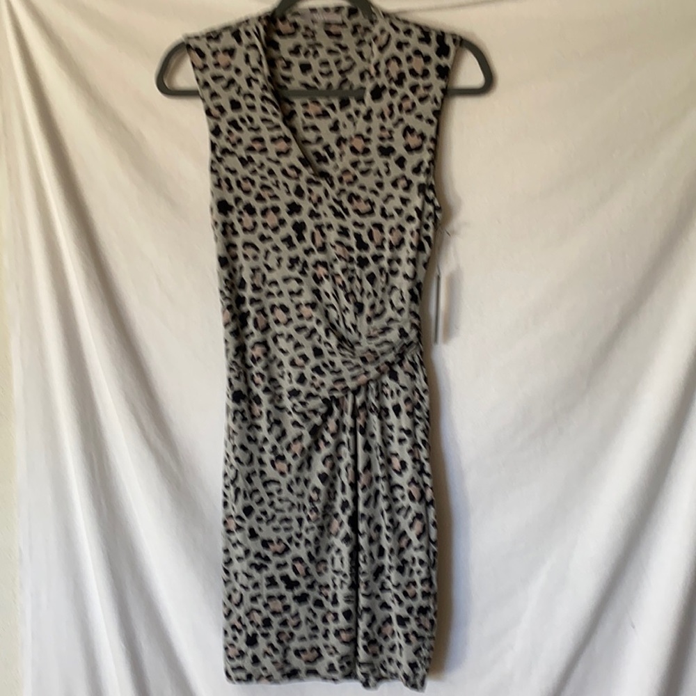 Tart Sleeveless Leopard Print Wrap Dress in Beige and Black with Pink Accents